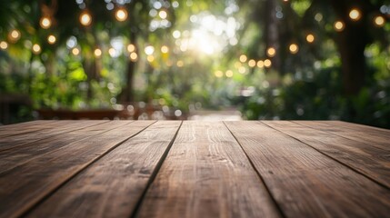 Wall Mural - A wooden table in a lush outdoor setting with soft lighting and greenery.