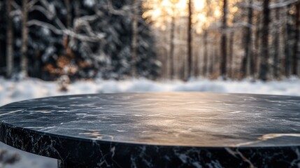 Poster - A close-up of a marble table in a snowy forest during sunset.