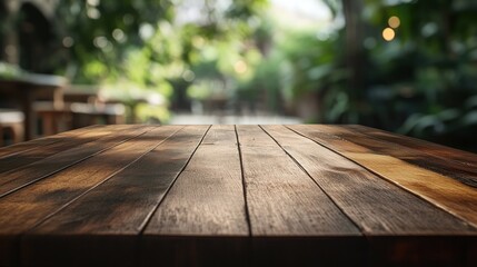 Poster - A wooden table in a lush, green environment, suggesting a peaceful outdoor setting.