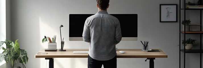 Poster - A person stands at a modern desk with a computer, emphasizing a workspace environment.