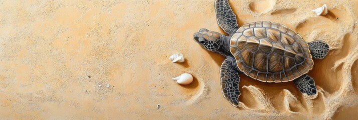 Wall Mural - A realistic depiction of a turtle on sandy beach with seashells.