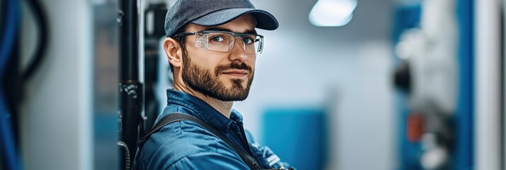 Canvas Print - A man in safety gear stands confidently in an industrial setting.