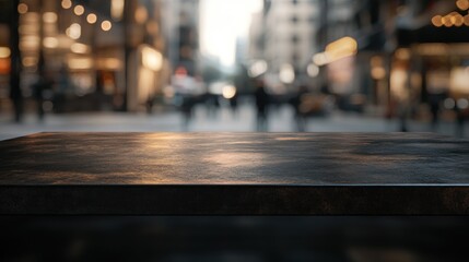 Canvas Print - A blurred urban scene with a focus on a textured surface in the foreground.