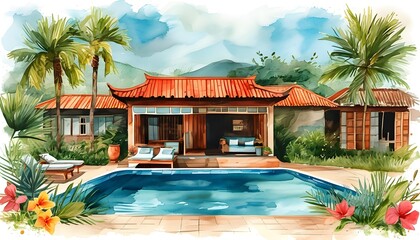 Vibrant watercolor illustration of a house pool surrounded by a resort setting, perfect for creative projects like flyers, postcards, or album covers.