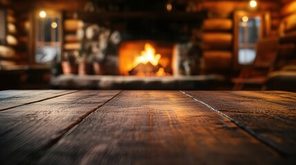 Sticker - Cozy cabin interior with a warm fireplace and wooden table.