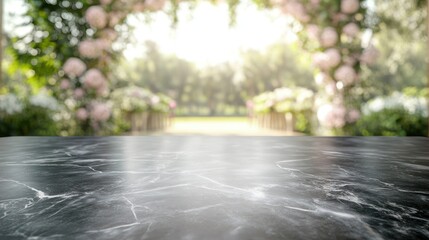 Wall Mural - A serene outdoor setting with a marble tabletop and a floral arch in the background.