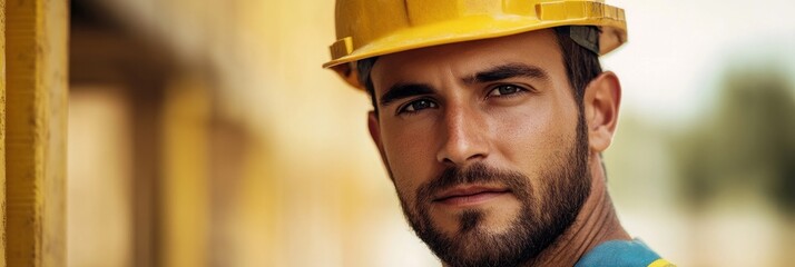 Wall Mural - A construction worker with a yellow hard hat, focused and serious, in an industrial setting.