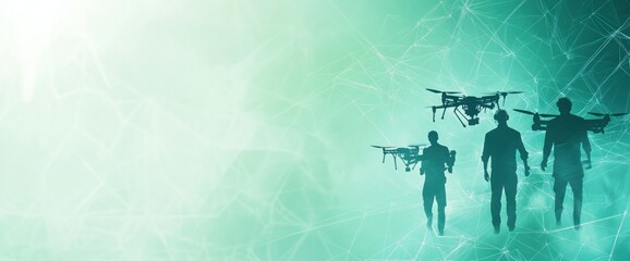 Poster - Silhouettes of people with drones against a tech-inspired background.