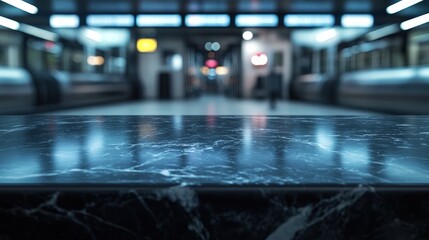 Sticker - A blurred view of a train station with a marble surface in focus.