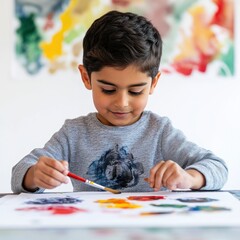 Wall Mural - A young boy painting with watercolors, focused on his artwork.