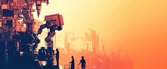 Canvas Print - A futuristic industrial scene with robots and people interacting in a vibrant setting.