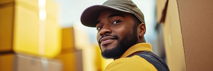 A smiling man in a cap stands amidst stacked boxes, conveying a sense of work and readiness.