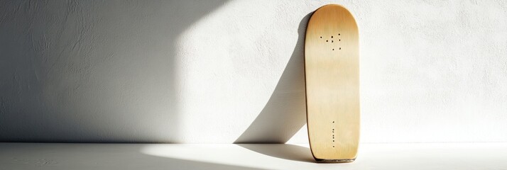 Sticker - A minimalist skateboard leaning against a wall, illuminated by soft light.