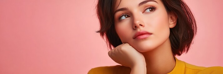 Wall Mural - A thoughtful young woman poses against a pink background, showcasing beauty and contemplation.