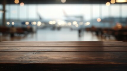 Sticker - A blurred airport scene with a wooden table in the foreground, suggesting a waiting area.