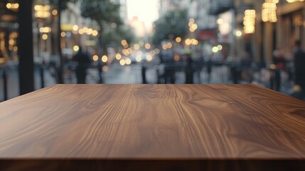 Wall Mural - A wooden table in focus with a blurred urban street scene in the background.