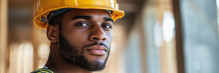 Wall Mural - A construction worker in a hard hat looks confidently at the camera in a building site.