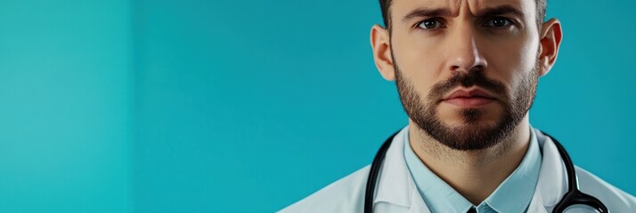 Wall Mural - A serious male doctor in a white coat with a stethoscope against a blue background.