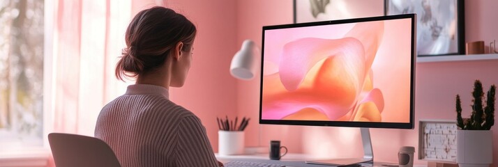 Wall Mural - A person working at a computer in a stylish, pink-themed workspace.