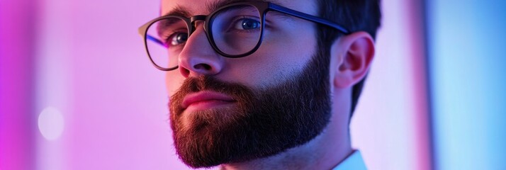 Canvas Print - A close-up portrait of a man with glasses and a beard, set against a colorful background.