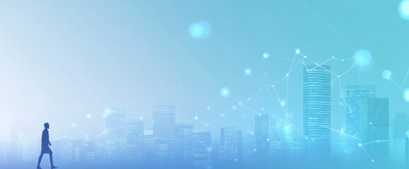 Wall Mural - a silhouette of a person walking in a futuristic cityscape with digital connections.