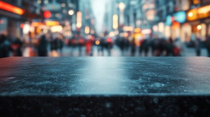 Canvas Print - A blurred city scene with a focus on a smooth surface in the foreground.