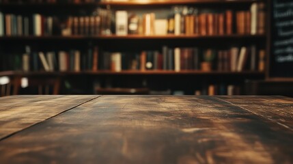 Wall Mural - A wooden table in a cozy library setting with bookshelves in the background.