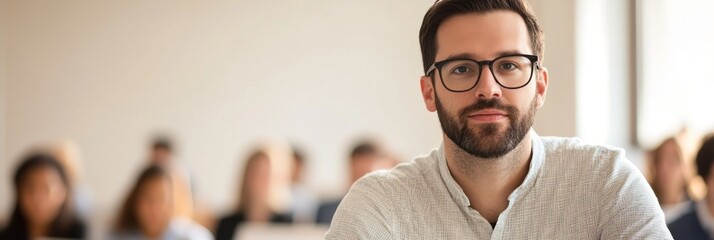 Sticker - A focused man in a classroom setting with students in the background.