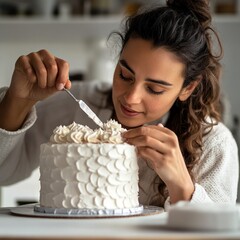 Poster - A woman decorates a white cake with frosting in a cozy kitchen setting.