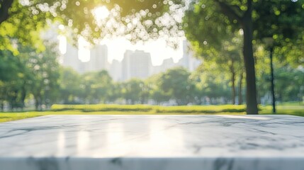 Canvas Print - A blurred view of a park with a marble table in the foreground and cityscape in the background.