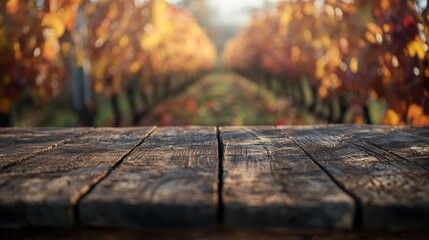 Poster - A rustic wooden table in the foreground of a vineyard with autumn foliage.