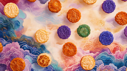 delightful mooncakes arranged on colorful background, showcasing artistry and tradition