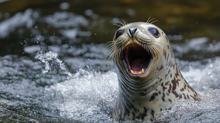 Canvas Print - Harbor Seal with Open Mouth Emerging from Water