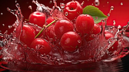 Wall Mural - Ripe raw cherry berry with fresh juice splash  