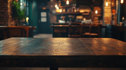 Poster - A rustic wooden table in a cozy café setting with warm lighting and a blurred background.