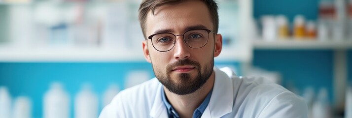 Canvas Print - A focused male scientist in a lab coat, surrounded by various pharmaceutical products.