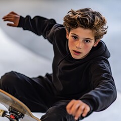 Poster - A young skater performing tricks in a skatepark, showcasing skill and focus.