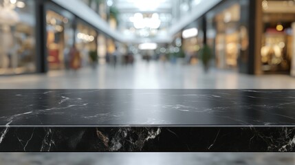 Poster - A close-up view of a black marble countertop in a blurred shopping mall setting.