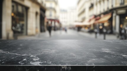 Canvas Print - A blurred street scene with a marble countertop in the foreground.