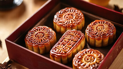 Wall Mural - Delicious mooncakes in decorative box, perfect for sharing with loved ones