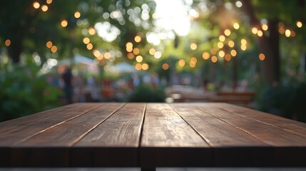 Poster - A wooden table in a softly lit outdoor setting with string lights and blurred background activity.