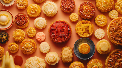 Wall Mural - Delightful mooncakes arranged beautifully, showcasing various designs and colors