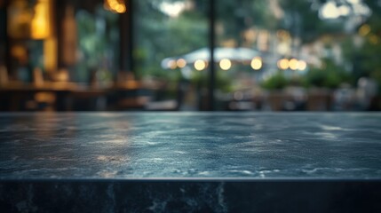 Sticker - A blurred restaurant interior with a focus on a dark countertop.