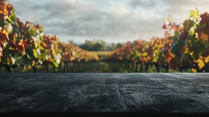 Wall Mural - A serene vineyard landscape with a rustic wooden table in the foreground.