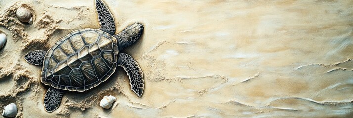 Wall Mural - A sea turtle on sandy beach with shells, evoking a serene coastal environment.