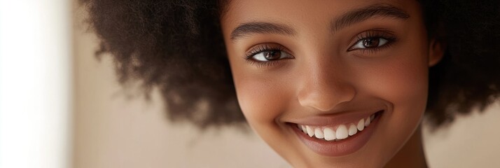 Poster - A close-up portrait of a smiling young person with curly hair, radiating joy and positivity.