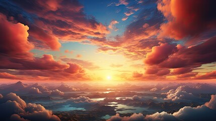 Canvas Print - Rising sun in the morning colorful sky with white low clouds, on a clear new day in Heaven 