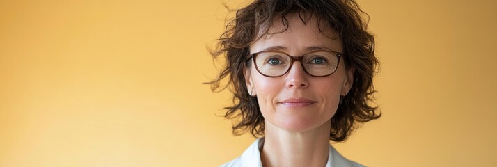 Sticker - A woman with curly hair and glasses poses against a warm orange background.