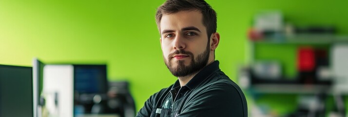 Canvas Print - A focused young man poses confidently in a modern workspace with green walls.