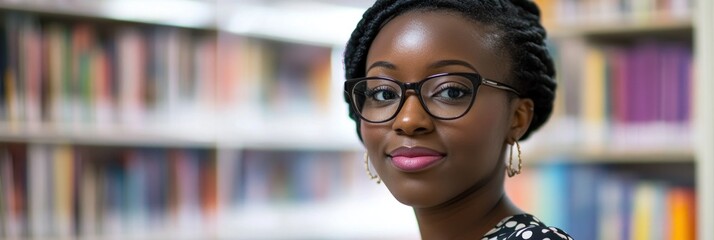 Sticker - A young woman with glasses smiles in a library, surrounded by books.